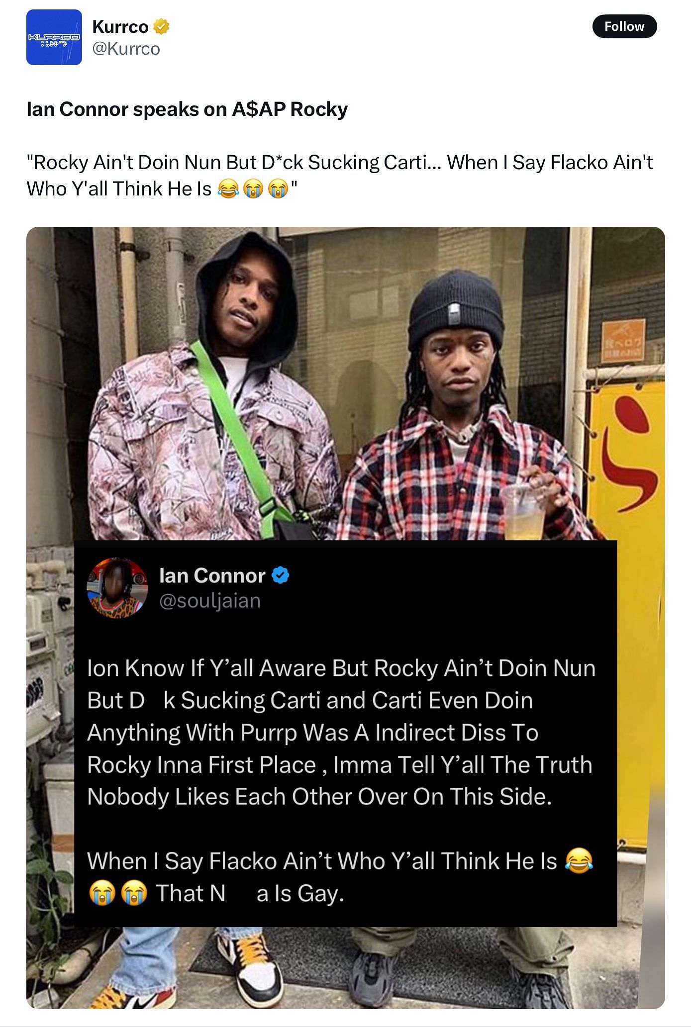 Ian Connor's tweet about A$AP Rocky and Playboi Carti (Image via @Kurrco/X)